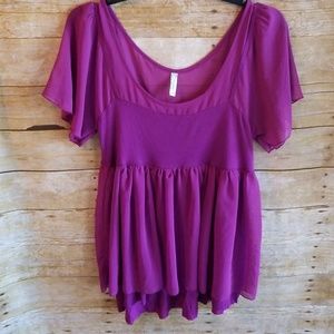 Free People Purple Chiffon Top Flutter Sleeves